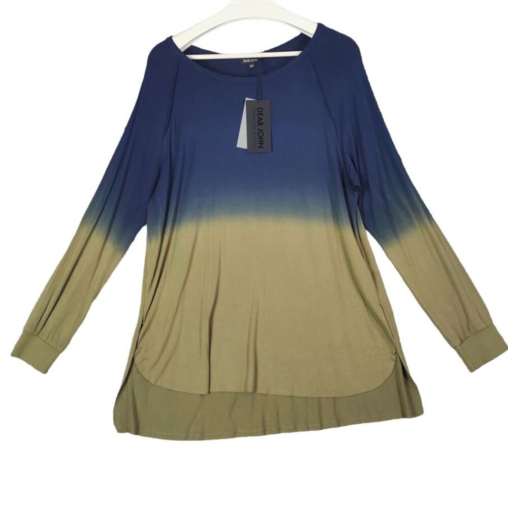 DEAR JOHN Ombre Tunic Top Womens Size L Navy Green Long Sleeve Lagenlook Mature